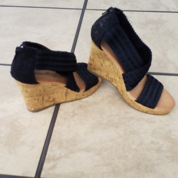 Shoes Black Wedge PLATFORM sandal Ribbon strap 6 casual cork - Picture 2 of 7